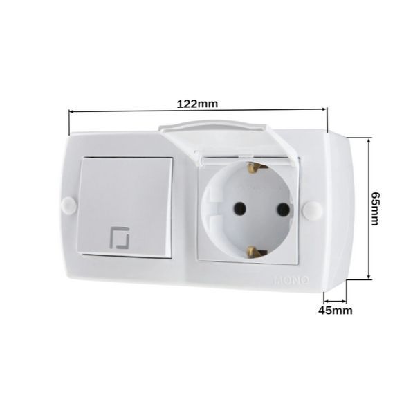 Вимикач одноклавішний + Розетка з заземленням та кришкою Mono Electric OCTANS IP20 білий 104-010101-183 фото